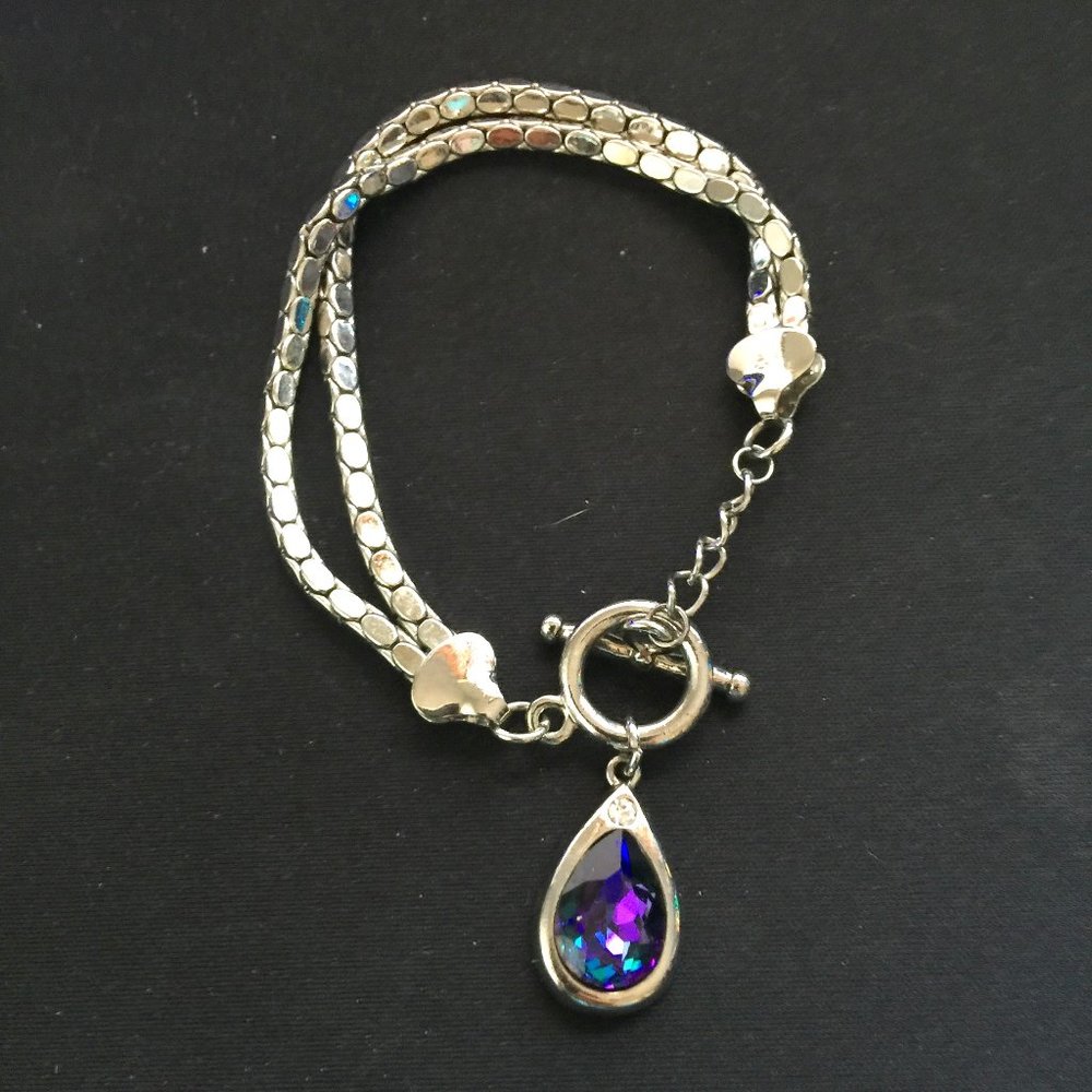 W.W Silver Tone Faceted Glass Rhinestone Tear Drop Charm Bracelet